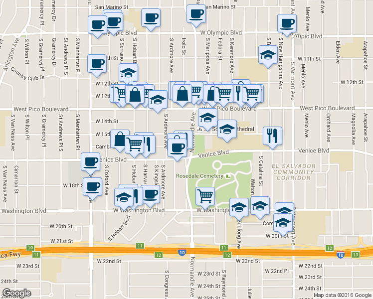 map of restaurants, bars, coffee shops, grocery stores, and more near 2013 Normandie Avenue in Los Angeles