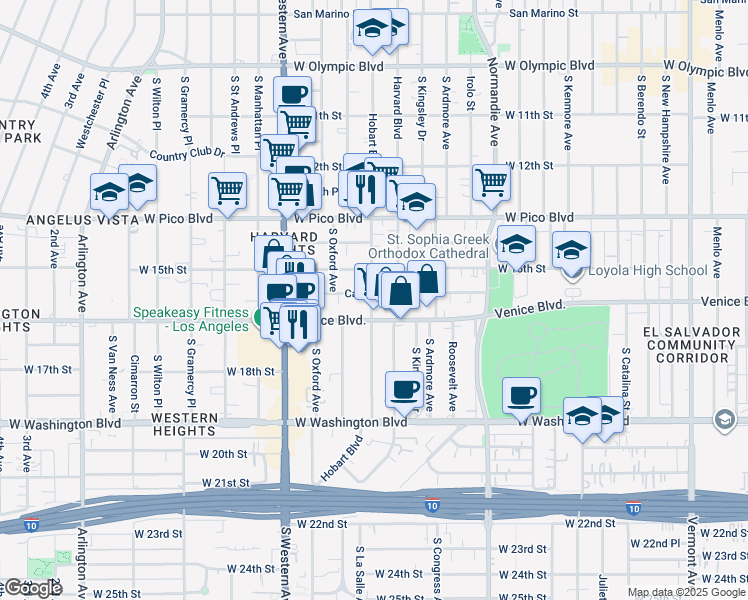 map of restaurants, bars, coffee shops, grocery stores, and more near 1564 South Hobart Boulevard in Los Angeles