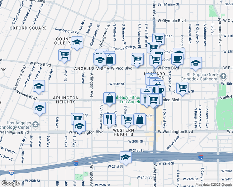 map of restaurants, bars, coffee shops, grocery stores, and more near 1546 South Wilton Place in Los Angeles