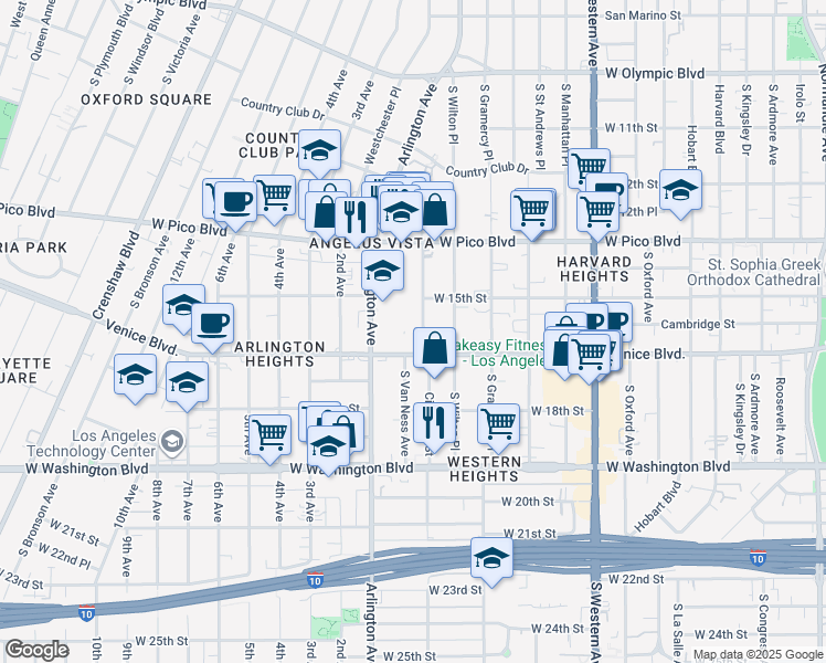 map of restaurants, bars, coffee shops, grocery stores, and more near 1550 1/2 South Van Ness Avenue in Los Angeles