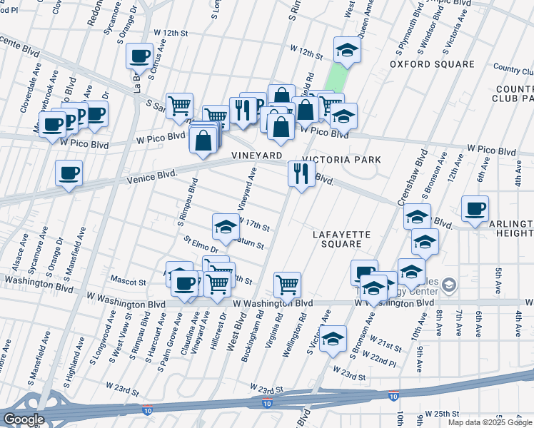 map of restaurants, bars, coffee shops, grocery stores, and more near 4521 West 17th Street in Los Angeles