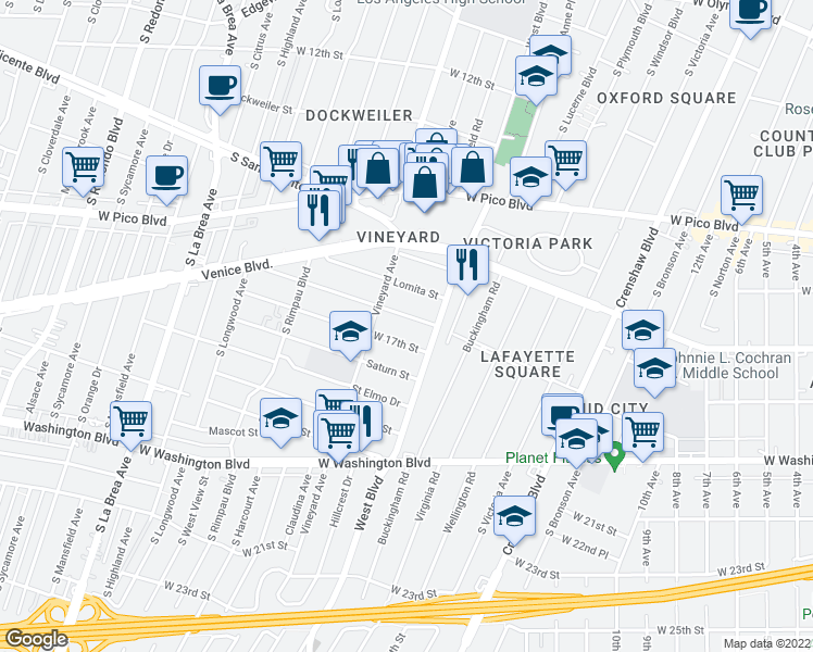 map of restaurants, bars, coffee shops, grocery stores, and more near 4521 West 17th Street in Los Angeles