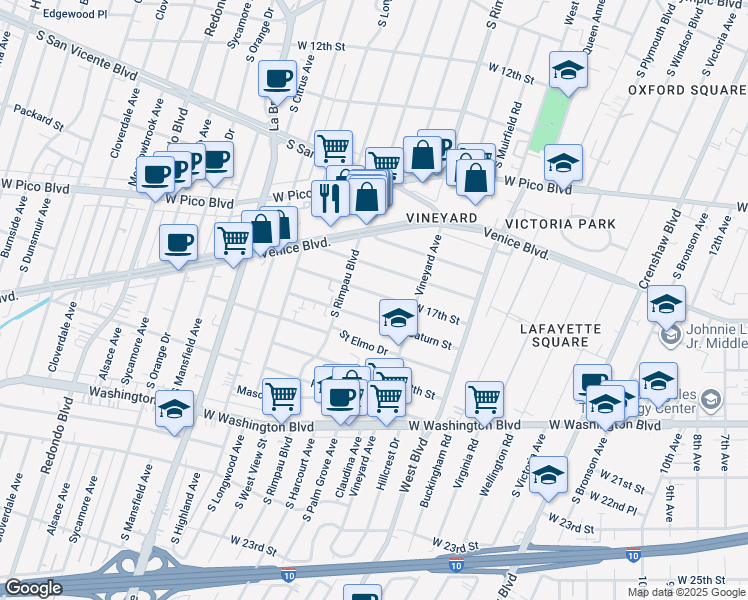 map of restaurants, bars, coffee shops, grocery stores, and more near 4634 West 17th Street in Los Angeles