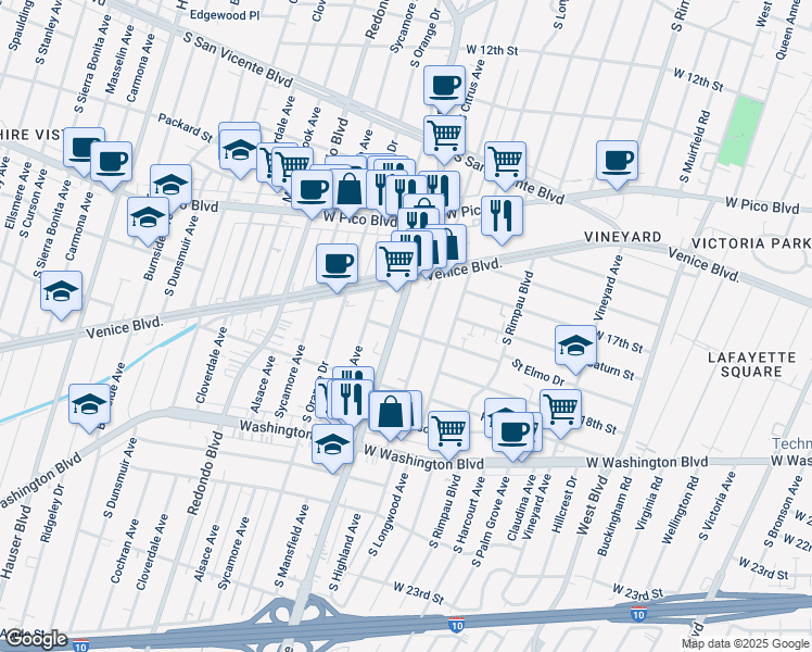 map of restaurants, bars, coffee shops, grocery stores, and more near 4906 Saint Elmo Drive in Los Angeles