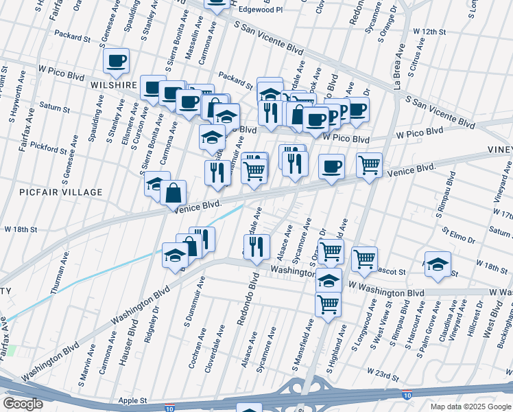 map of restaurants, bars, coffee shops, grocery stores, and more near 5188 Pickford Street in Los Angeles