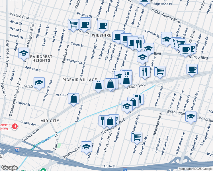 map of restaurants, bars, coffee shops, grocery stores, and more near 5633 Venice Boulevard in Los Angeles