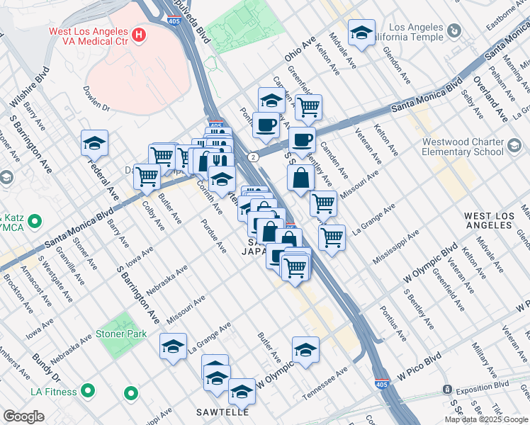 map of restaurants, bars, coffee shops, grocery stores, and more near 1800 Sawtelle Boulevard in Los Angeles