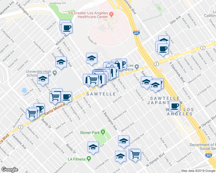 map of restaurants, bars, coffee shops, grocery stores, and more near 1621 Federal Avenue in Los Angeles
