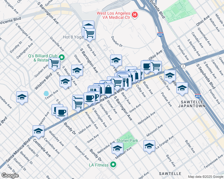 map of restaurants, bars, coffee shops, grocery stores, and more near 1511 South Barrington Avenue in Los Angeles
