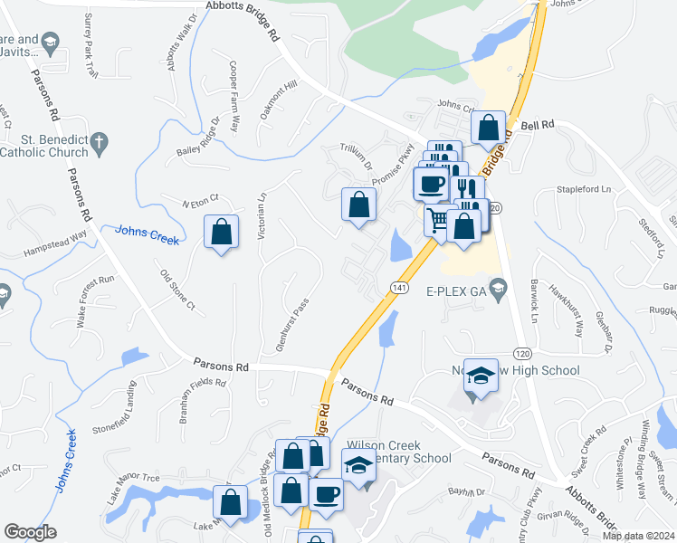 map of restaurants, bars, coffee shops, grocery stores, and more near 11050 Glenhurst Pass in Duluth