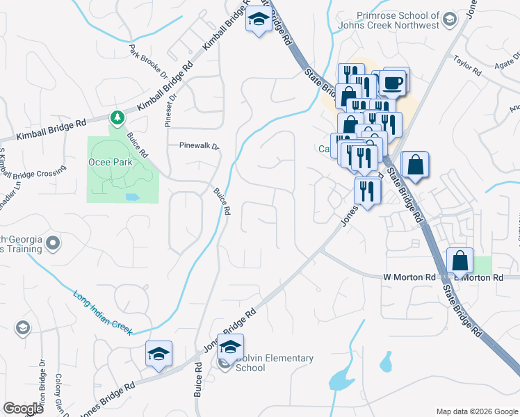 map of restaurants, bars, coffee shops, grocery stores, and more near 275 Broken Lance Place in Alpharetta
