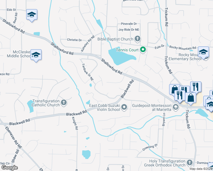 map of restaurants, bars, coffee shops, grocery stores, and more near 1946 North Woods Drive in Marietta