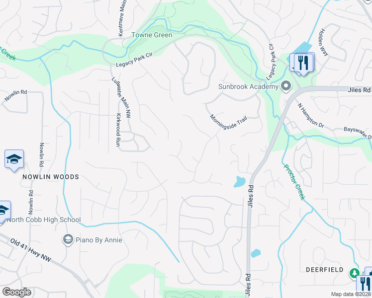 map of restaurants, bars, coffee shops, grocery stores, and more near 3604 Hampstead Court Northwest in Kennesaw