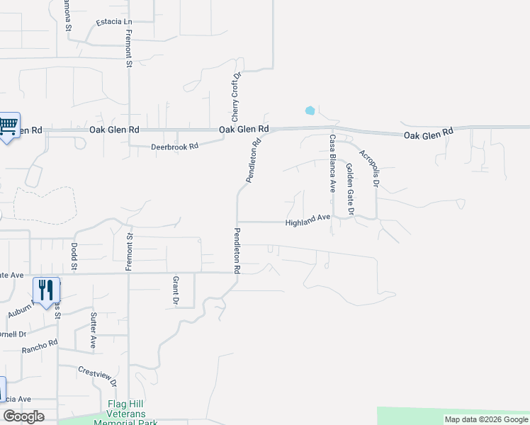 map of restaurants, bars, coffee shops, grocery stores, and more near 11537 Pendleton Road in Yucaipa