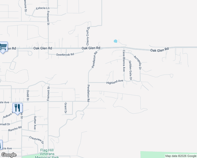 map of restaurants, bars, coffee shops, grocery stores, and more near 36044 Highland Avenue in Yucaipa