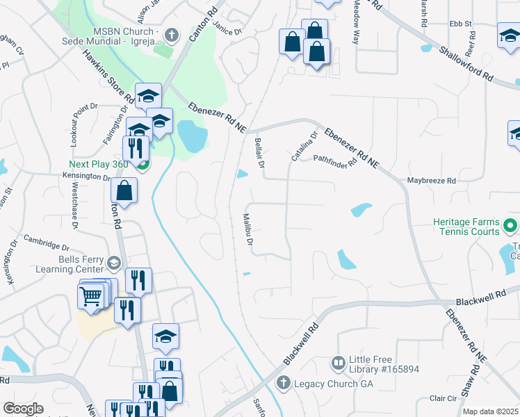 map of restaurants, bars, coffee shops, grocery stores, and more near 1042 Malibu Drive in Marietta