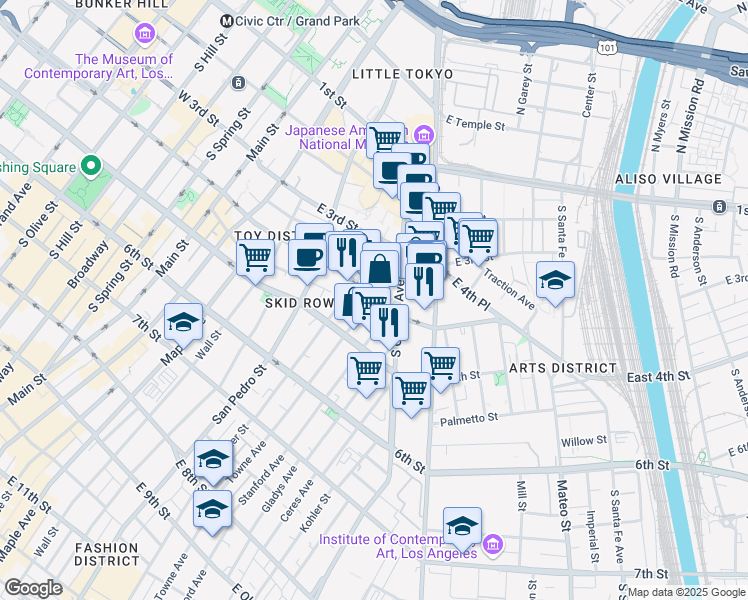 map of restaurants, bars, coffee shops, grocery stores, and more near in Los Angeles