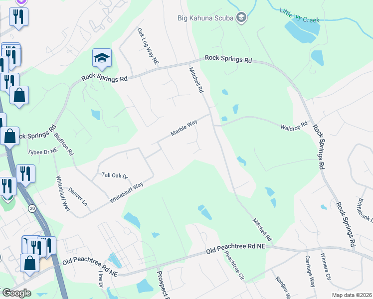 map of restaurants, bars, coffee shops, grocery stores, and more near 1500 Fieldrock Court in Lawrenceville