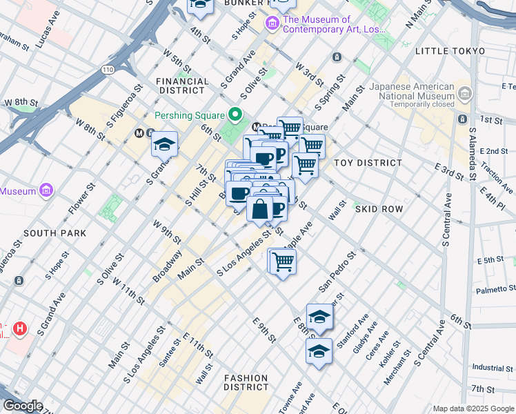 map of restaurants, bars, coffee shops, grocery stores, and more near 111 West 7th Street in Los Angeles