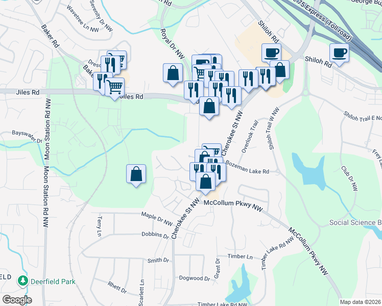 map of restaurants, bars, coffee shops, grocery stores, and more near 1122 Shiloh Lane in Kennesaw