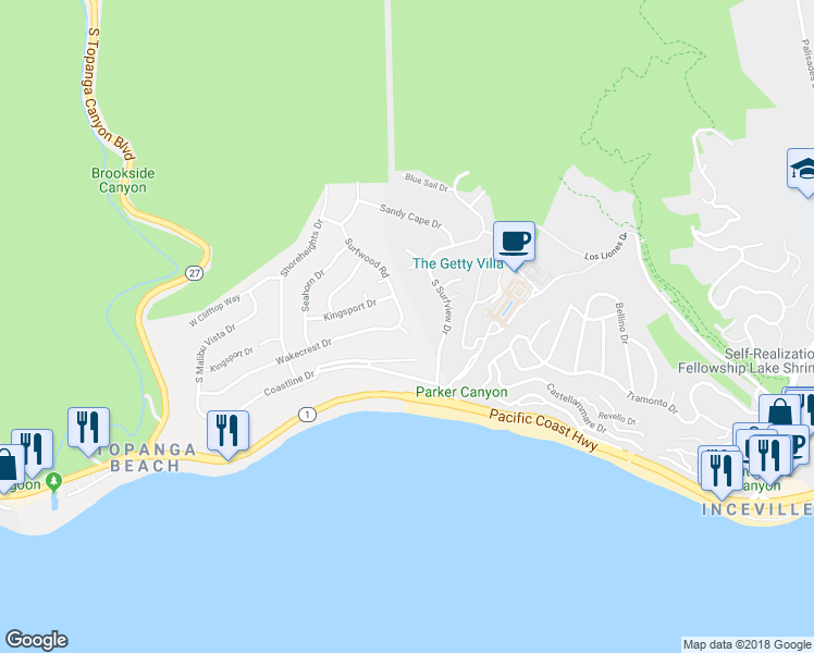 map of restaurants, bars, coffee shops, grocery stores, and more near 3834 Surfwood Road in Malibu