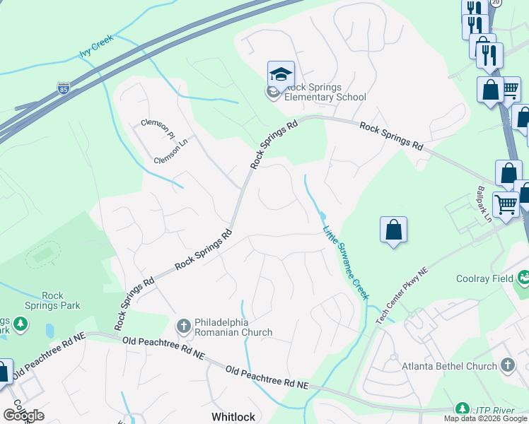 map of restaurants, bars, coffee shops, grocery stores, and more near 2820 Springtime Court in Lawrenceville