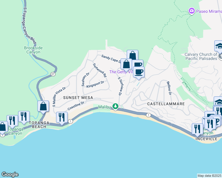 map of restaurants, bars, coffee shops, grocery stores, and more near 3834 Surfwood Road in Malibu