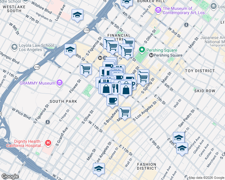 map of restaurants, bars, coffee shops, grocery stores, and more near 825 South Hill Street in Los Angeles