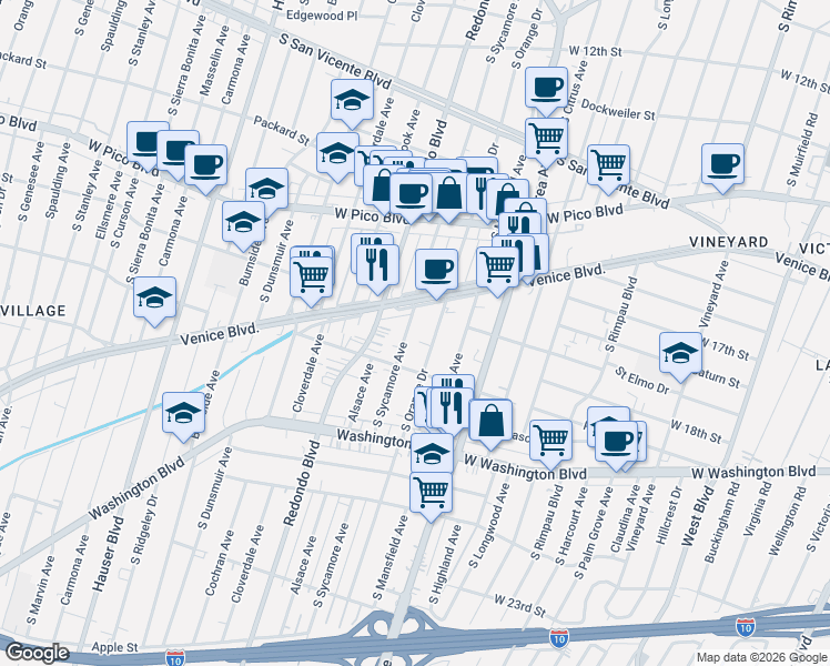 map of restaurants, bars, coffee shops, grocery stores, and more near 1643 South Orange Drive in Los Angeles