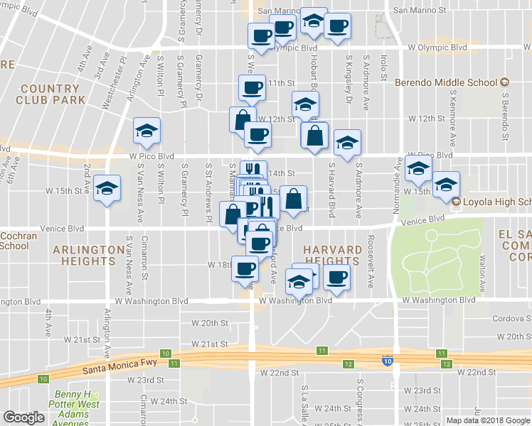 map of restaurants, bars, coffee shops, grocery stores, and more near 2266 Cambridge Street in Los Angeles