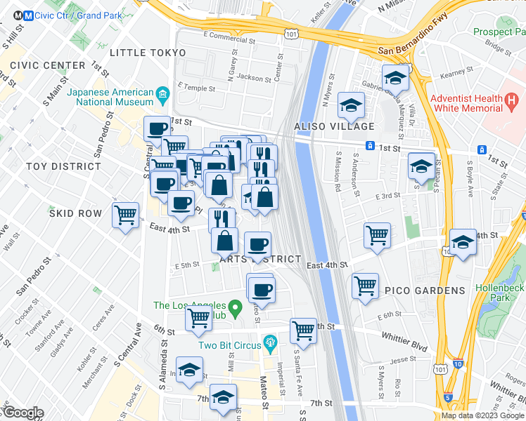 map of restaurants, bars, coffee shops, grocery stores, and more near 300 South Santa Fe Avenue in Los Angeles