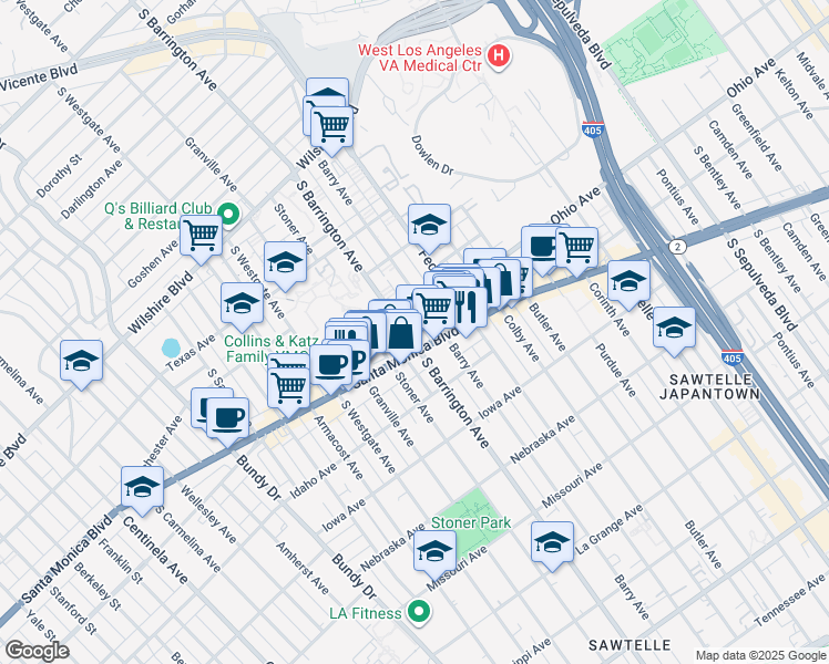 map of restaurants, bars, coffee shops, grocery stores, and more near 1511 South Barrington Avenue in Los Angeles