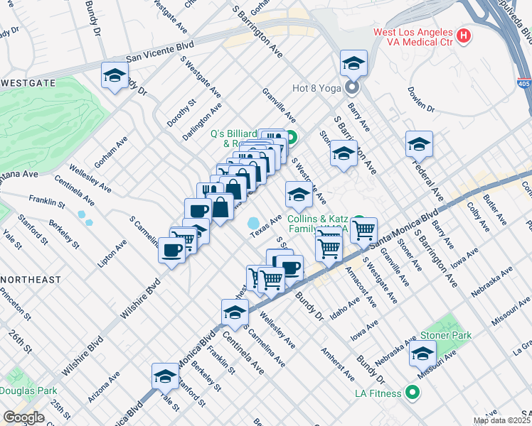 map of restaurants, bars, coffee shops, grocery stores, and more near 1228 South Bundy Drive in Los Angeles