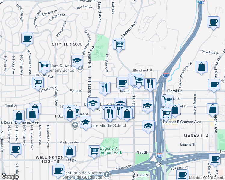 map of restaurants, bars, coffee shops, grocery stores, and more near 4141 Floral Drive in Los Angeles