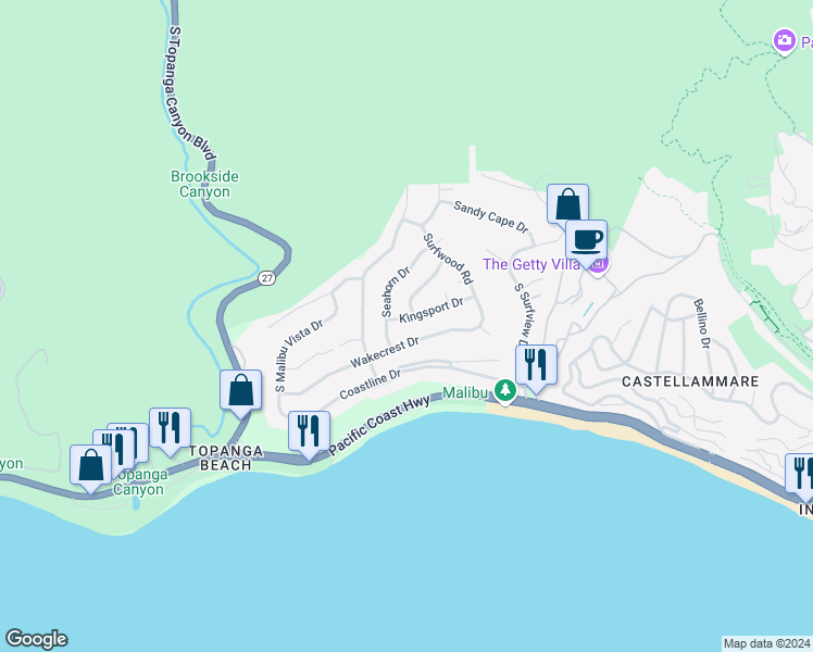 map of restaurants, bars, coffee shops, grocery stores, and more near 18208 Kingsport Drive in Malibu