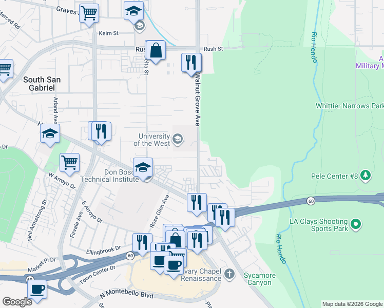 map of restaurants, bars, coffee shops, grocery stores, and more near 8530 Drayer Lane in Rosemead