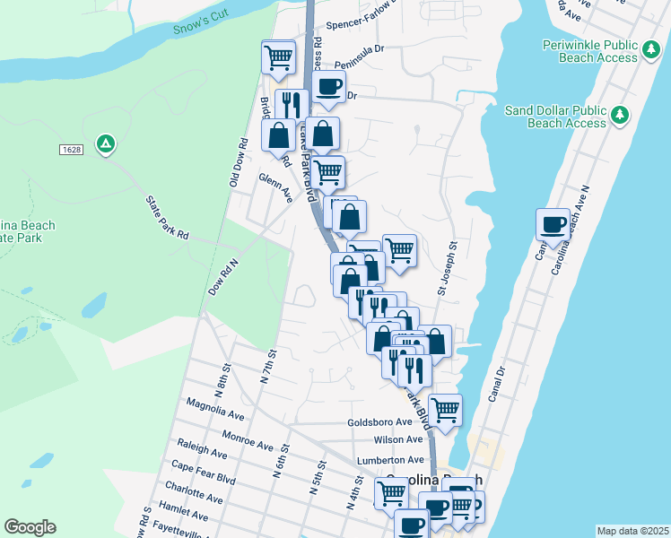 map of restaurants, bars, coffee shops, grocery stores, and more near 1101 Lake Park Boulevard South in Carolina Beach