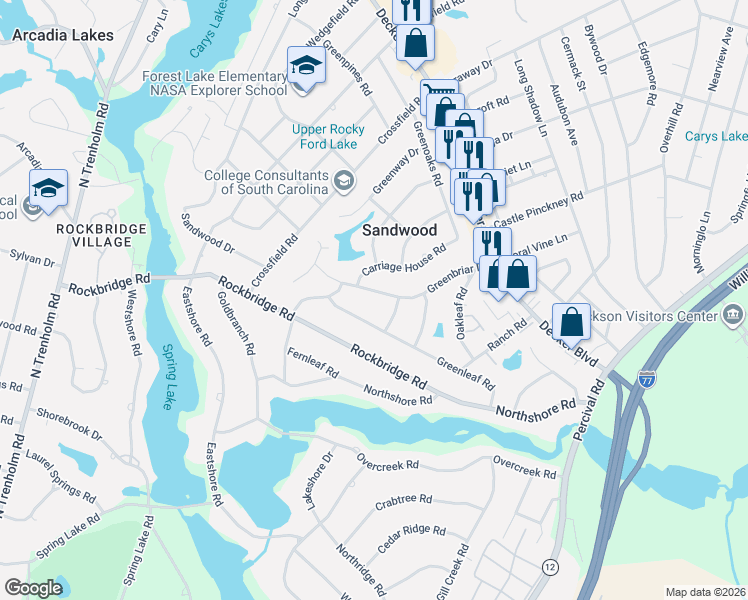 map of restaurants, bars, coffee shops, grocery stores, and more near 3709 Sandhill Road in Columbia