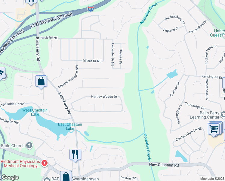 map of restaurants, bars, coffee shops, grocery stores, and more near 82 Hartley Woods Drive in Kennesaw