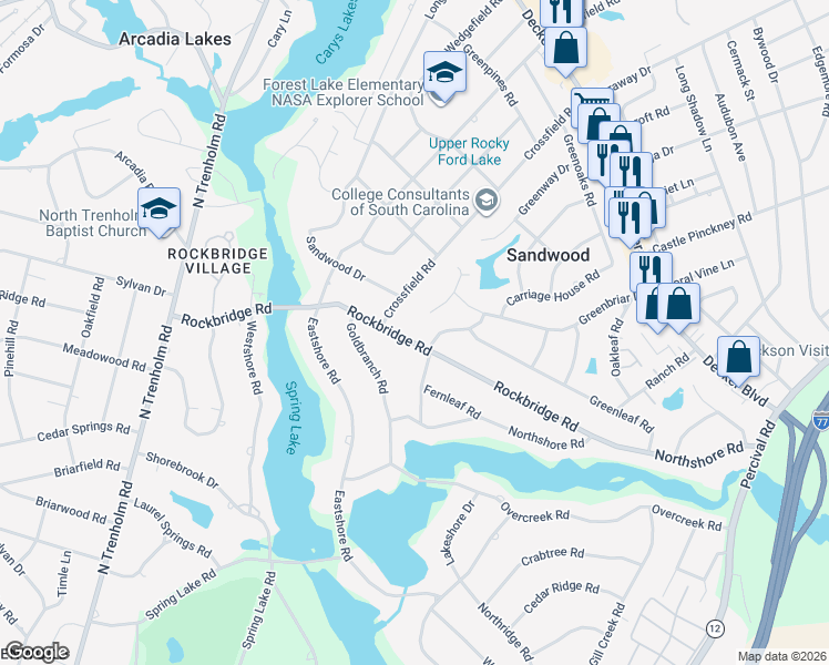 map of restaurants, bars, coffee shops, grocery stores, and more near 3923 Rockbridge Road in Columbia
