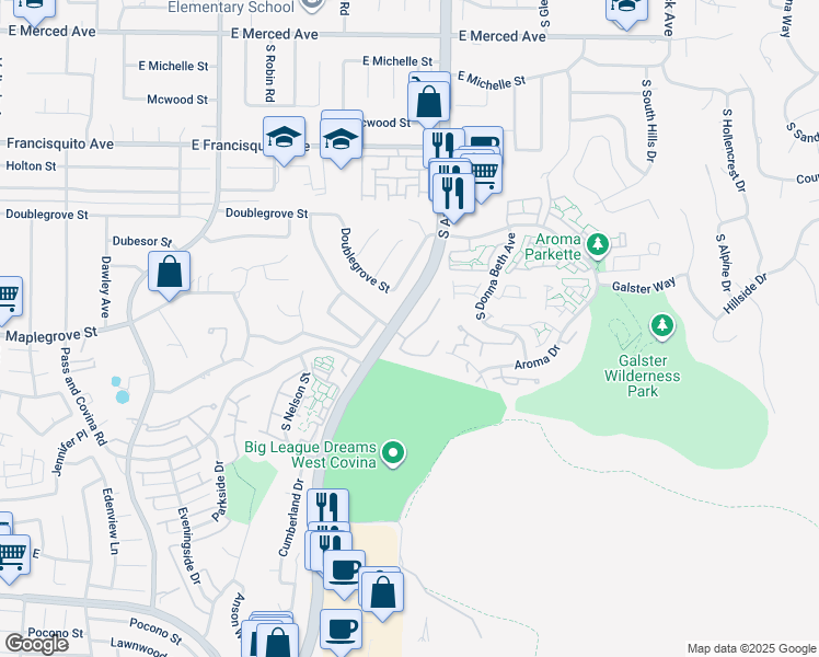 map of restaurants, bars, coffee shops, grocery stores, and more near 1635 Park Vista Way in West Covina