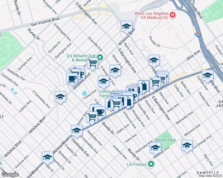 map of restaurants, bars, coffee shops, grocery stores, and more near 11865 Rochester Avenue in Los Angeles