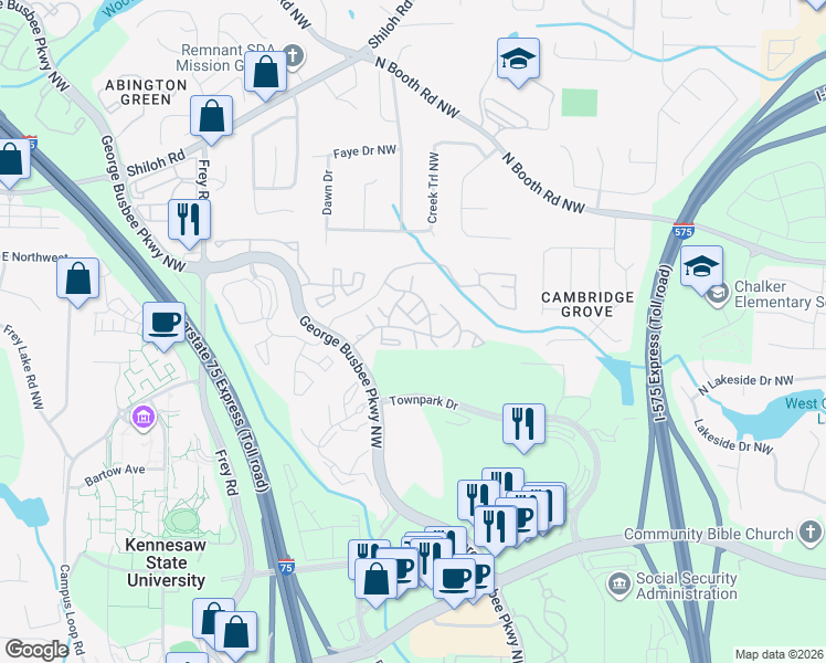 map of restaurants, bars, coffee shops, grocery stores, and more near 651 Clarinbridge Parkway Northwest in Kennesaw