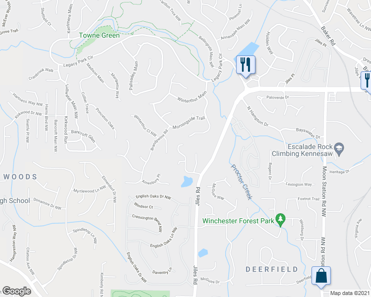 map of restaurants, bars, coffee shops, grocery stores, and more near 2624 Lone Oak Trail in Kennesaw
