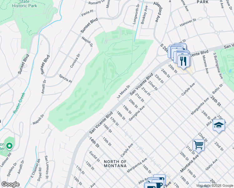 map of restaurants, bars, coffee shops, grocery stores, and more near 1911 La Mesa Drive in Santa Monica