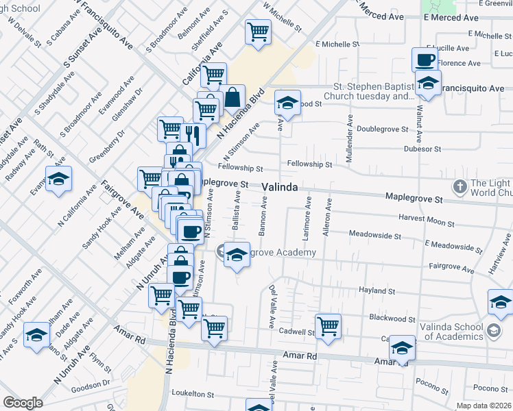 map of restaurants, bars, coffee shops, grocery stores, and more near 1317 Bannon Avenue in La Puente