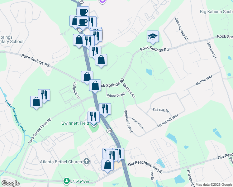 map of restaurants, bars, coffee shops, grocery stores, and more near 2680 Tybee Drive Northeast in Buford
