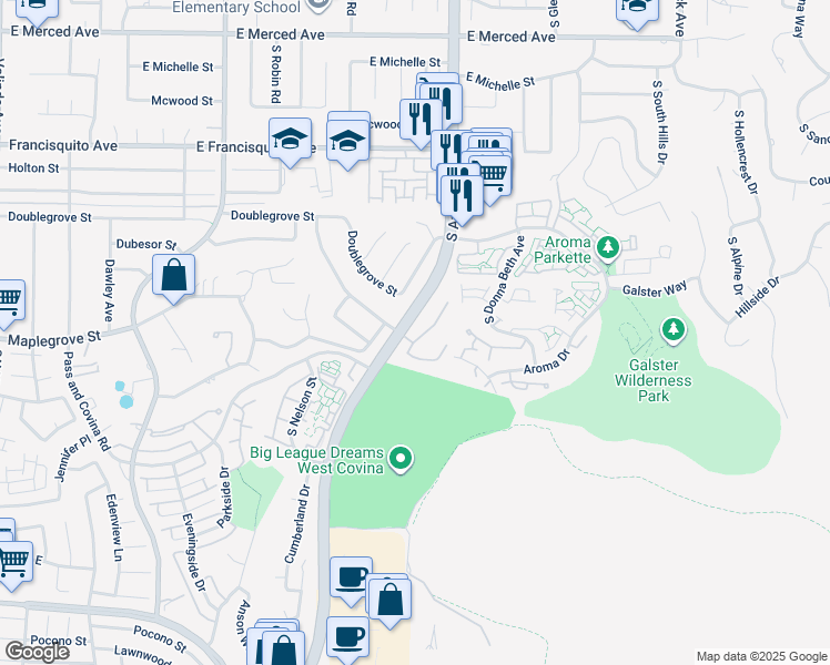 map of restaurants, bars, coffee shops, grocery stores, and more near 1635 Park Vista Way in West Covina