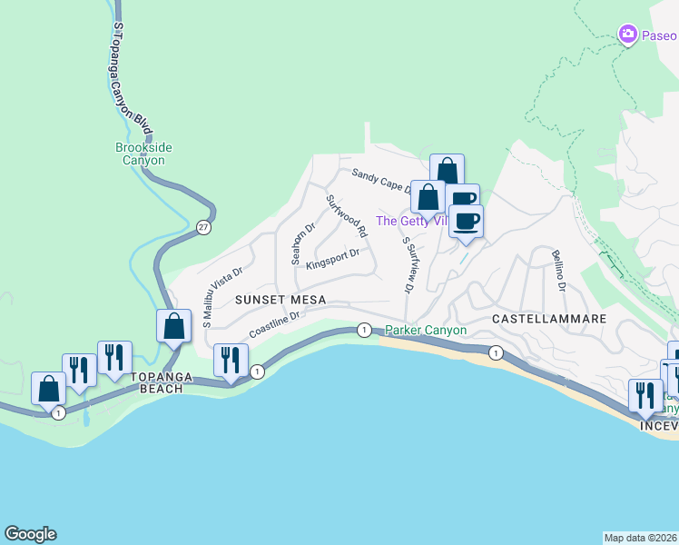 map of restaurants, bars, coffee shops, grocery stores, and more near 18149 Wakecrest Drive in Malibu