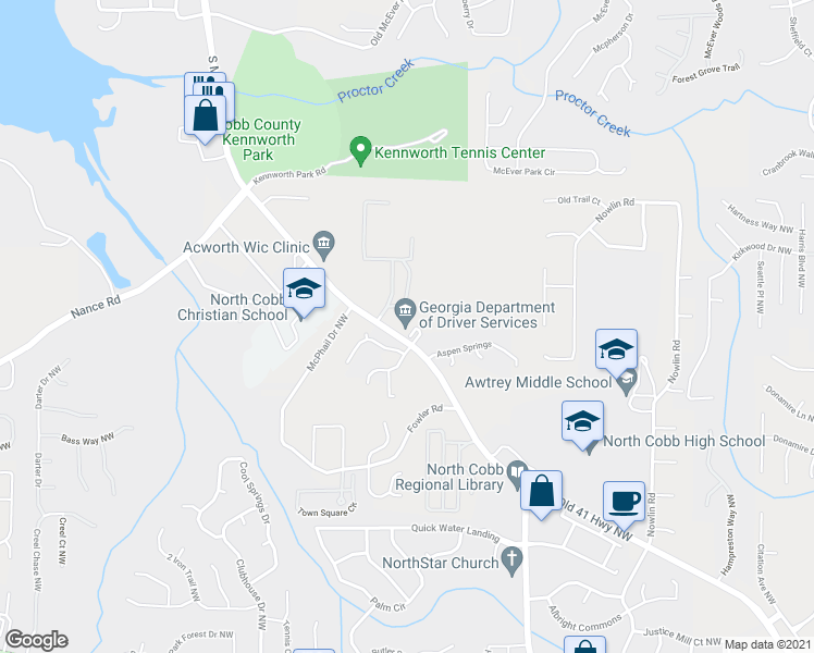 map of restaurants, bars, coffee shops, grocery stores, and more near 3690 Old 41 Highway Northwest in Kennesaw